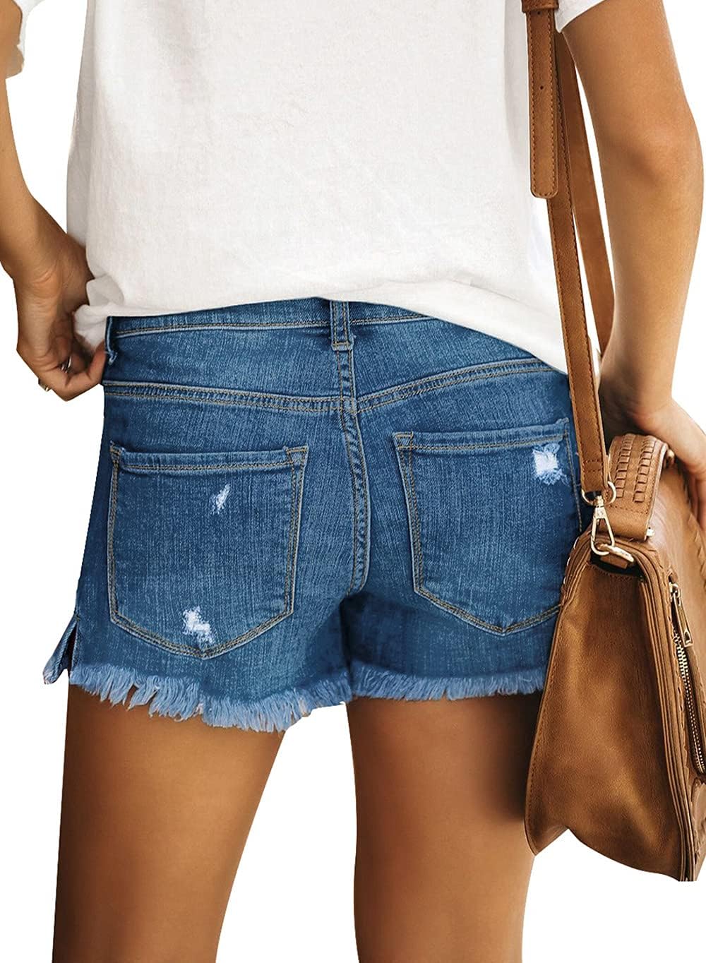 Women's Casual Mid Rise Denim Shorts Stretch Ripped Raw Hem Jean Shorts - Picture 63 of 142
