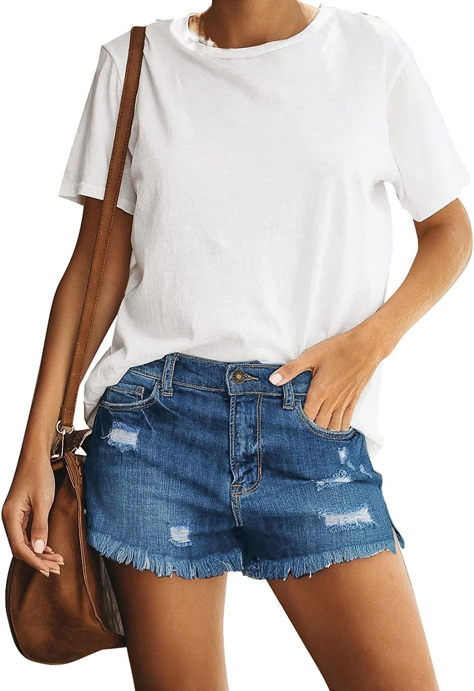 Women's Casual Mid Rise Denim Shorts Stretch Ripped Raw Hem Jean Shorts - Picture 64 of 142