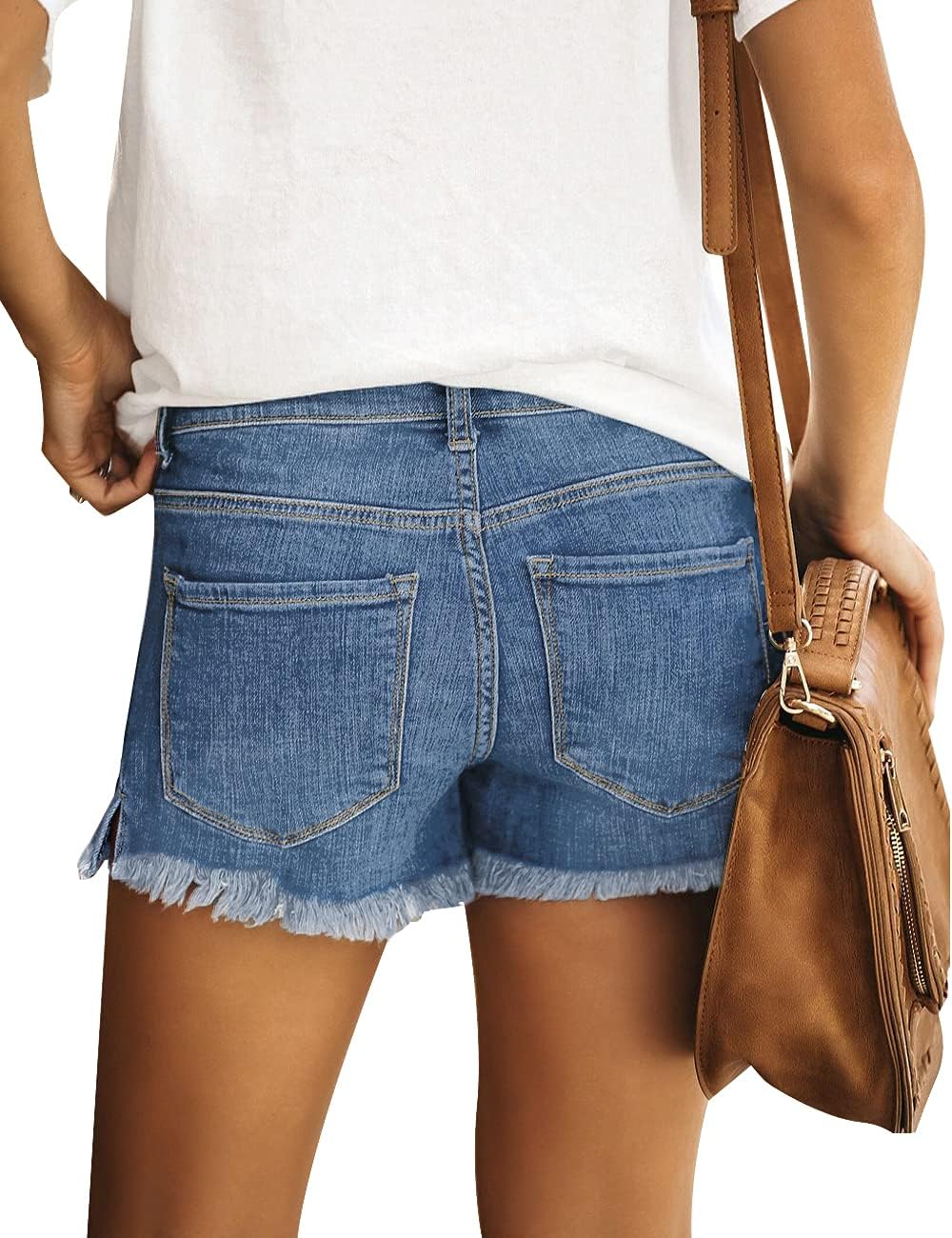 Women's Casual Mid Rise Denim Shorts Stretch Ripped Raw Hem Jean Shorts - Picture 66 of 142
