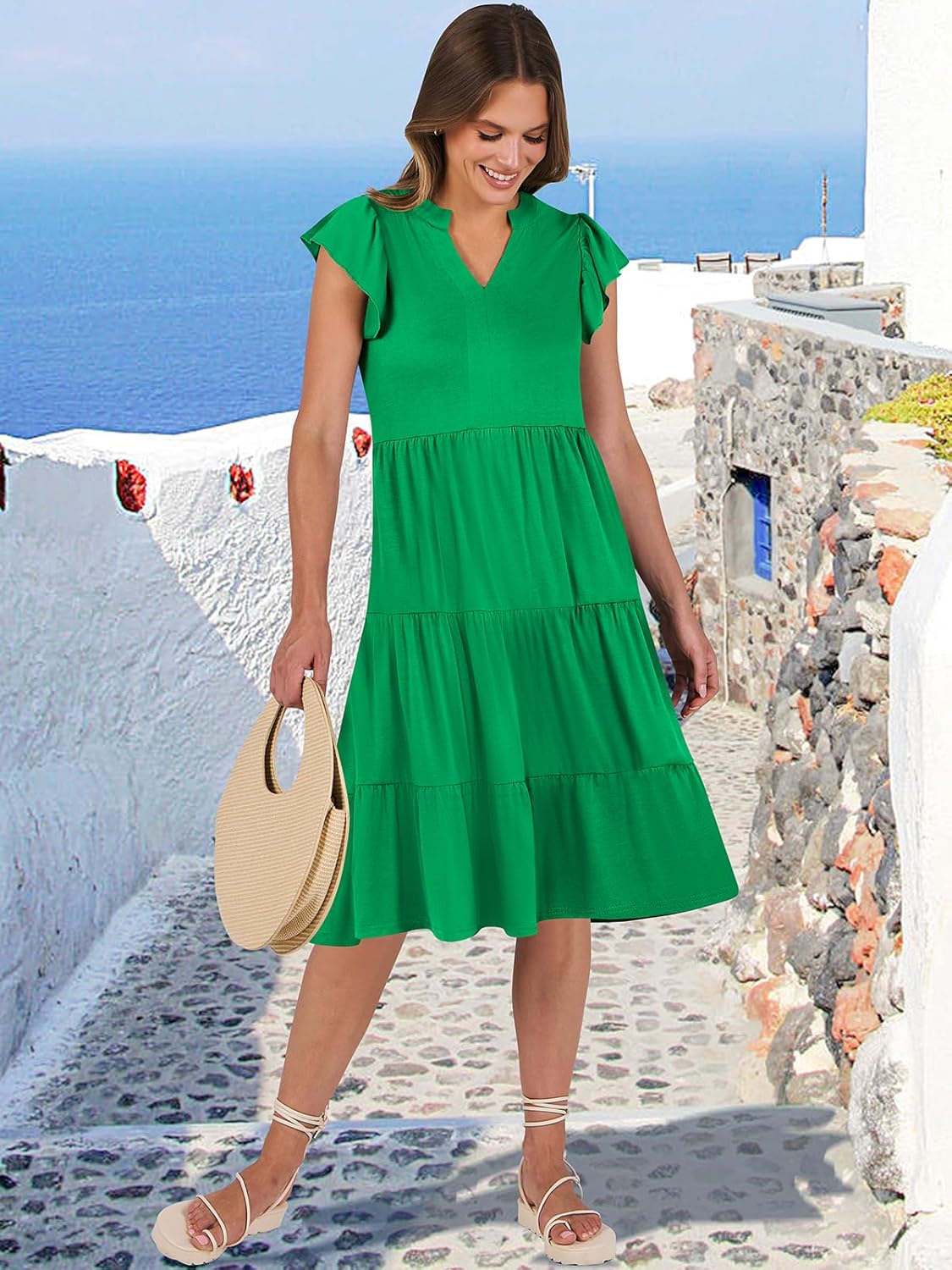 Womens Ruffle Sleeve V Neck Midi Dress Flowy Tiered Boho Beach Vacation Sundress - Picture 147 of 198