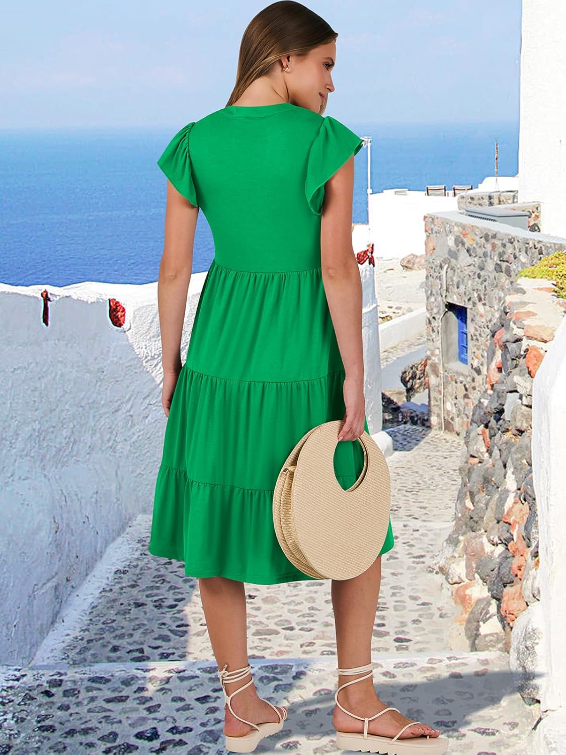 Womens Ruffle Sleeve V Neck Midi Dress Flowy Tiered Boho Beach Vacation Sundress - Picture 148 of 198