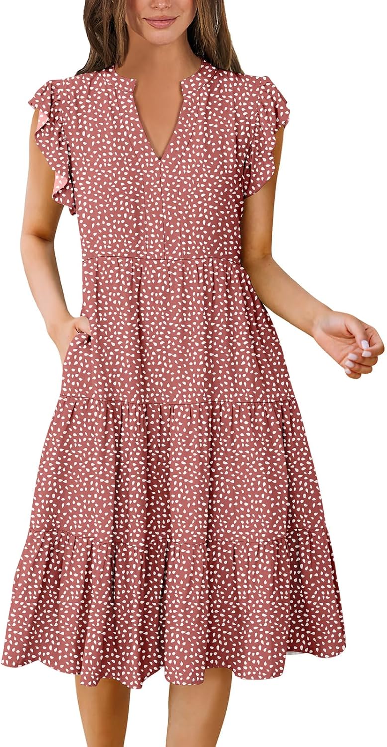Womens Ruffle Sleeve V Neck Midi Dress Flowy Tiered Boho Beach Vacation Sundress - Picture 149 of 198