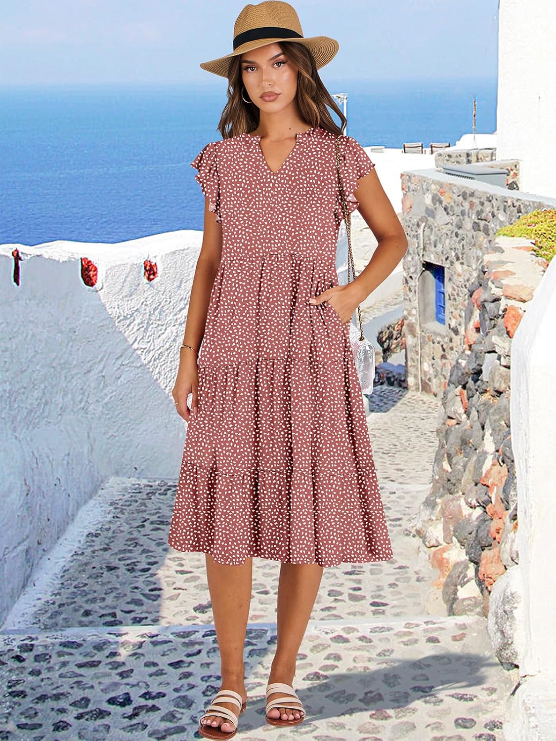 Womens Ruffle Sleeve V Neck Midi Dress Flowy Tiered Boho Beach Vacation Sundress - Picture 150 of 198
