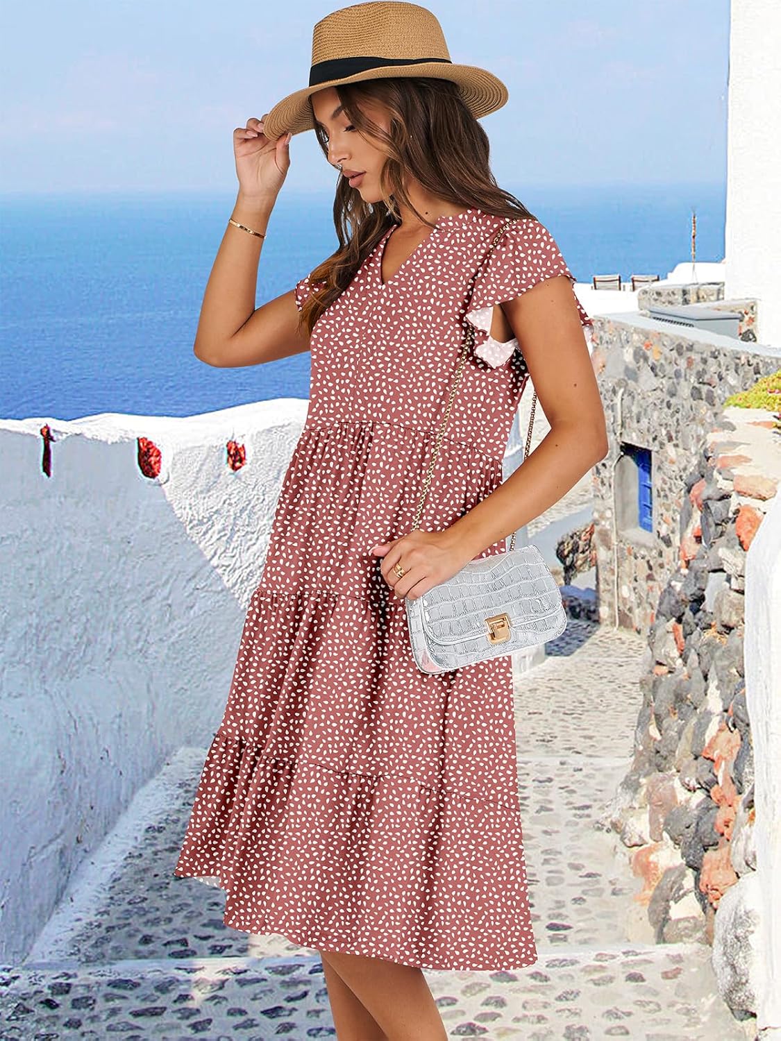 Womens Ruffle Sleeve V Neck Midi Dress Flowy Tiered Boho Beach Vacation Sundress - Picture 151 of 198