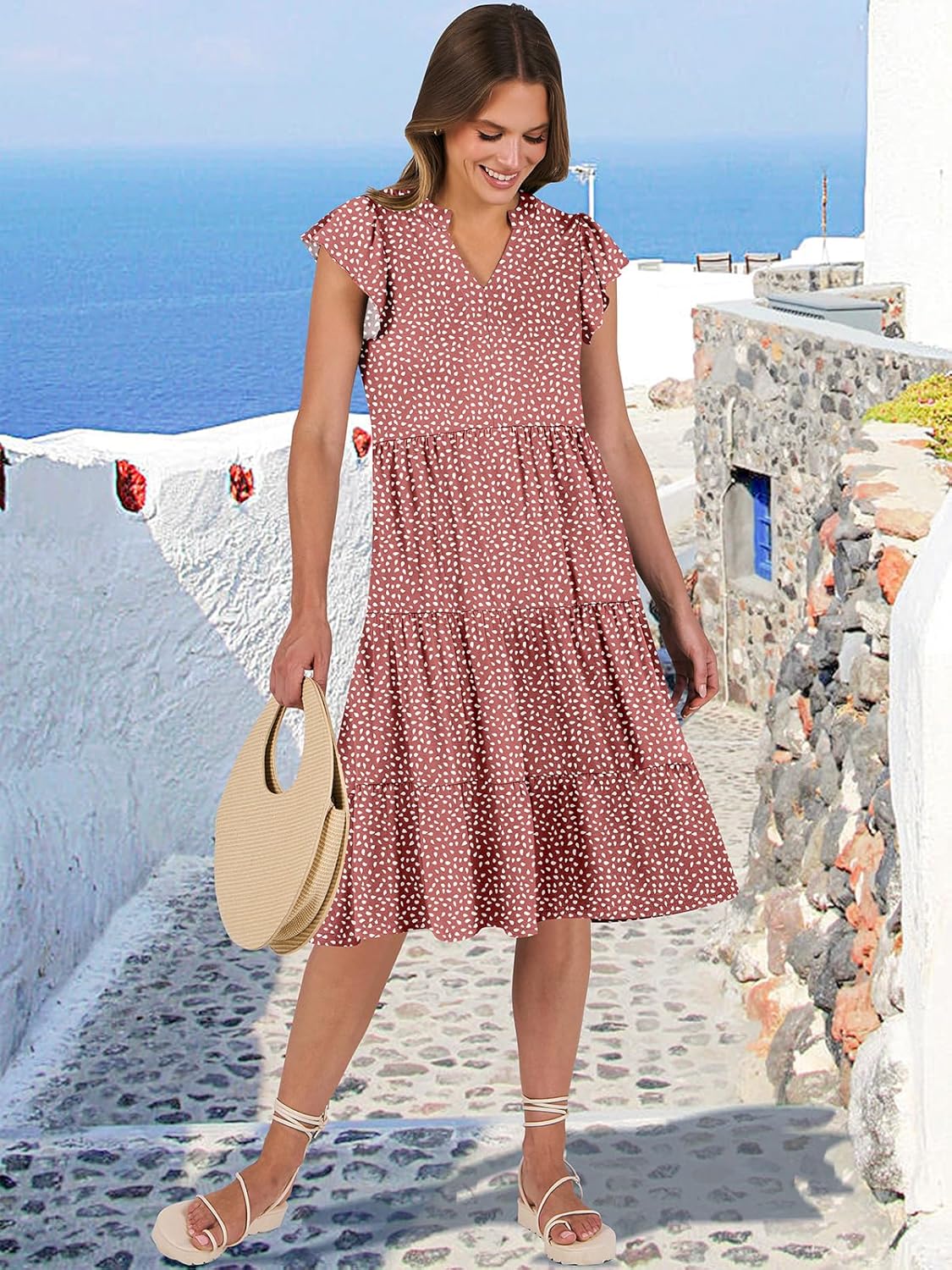 Womens Ruffle Sleeve V Neck Midi Dress Flowy Tiered Boho Beach Vacation Sundress - Picture 152 of 198