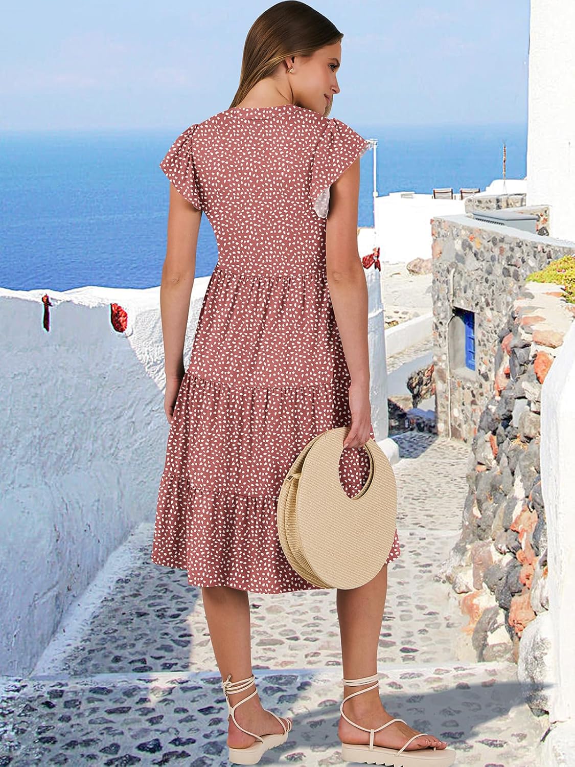 Womens Ruffle Sleeve V Neck Midi Dress Flowy Tiered Boho Beach Vacation Sundress - Picture 153 of 198