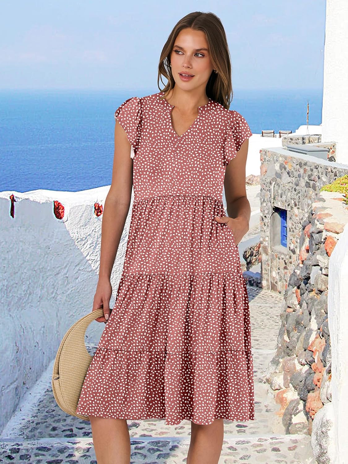 Womens Ruffle Sleeve V Neck Midi Dress Flowy Tiered Boho Beach Vacation Sundress - Picture 154 of 198