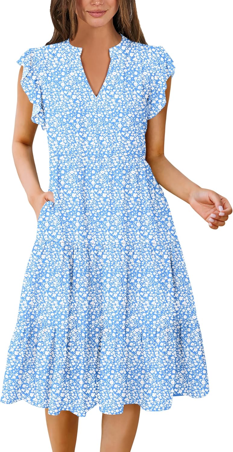 Womens Ruffle Sleeve V Neck Midi Dress Flowy Tiered Boho Beach Vacation Sundress - Picture 155 of 198