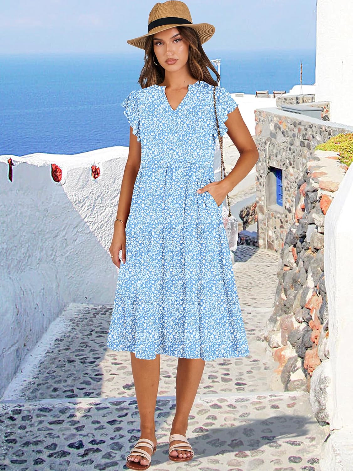 Womens Ruffle Sleeve V Neck Midi Dress Flowy Tiered Boho Beach Vacation Sundress - Picture 156 of 198