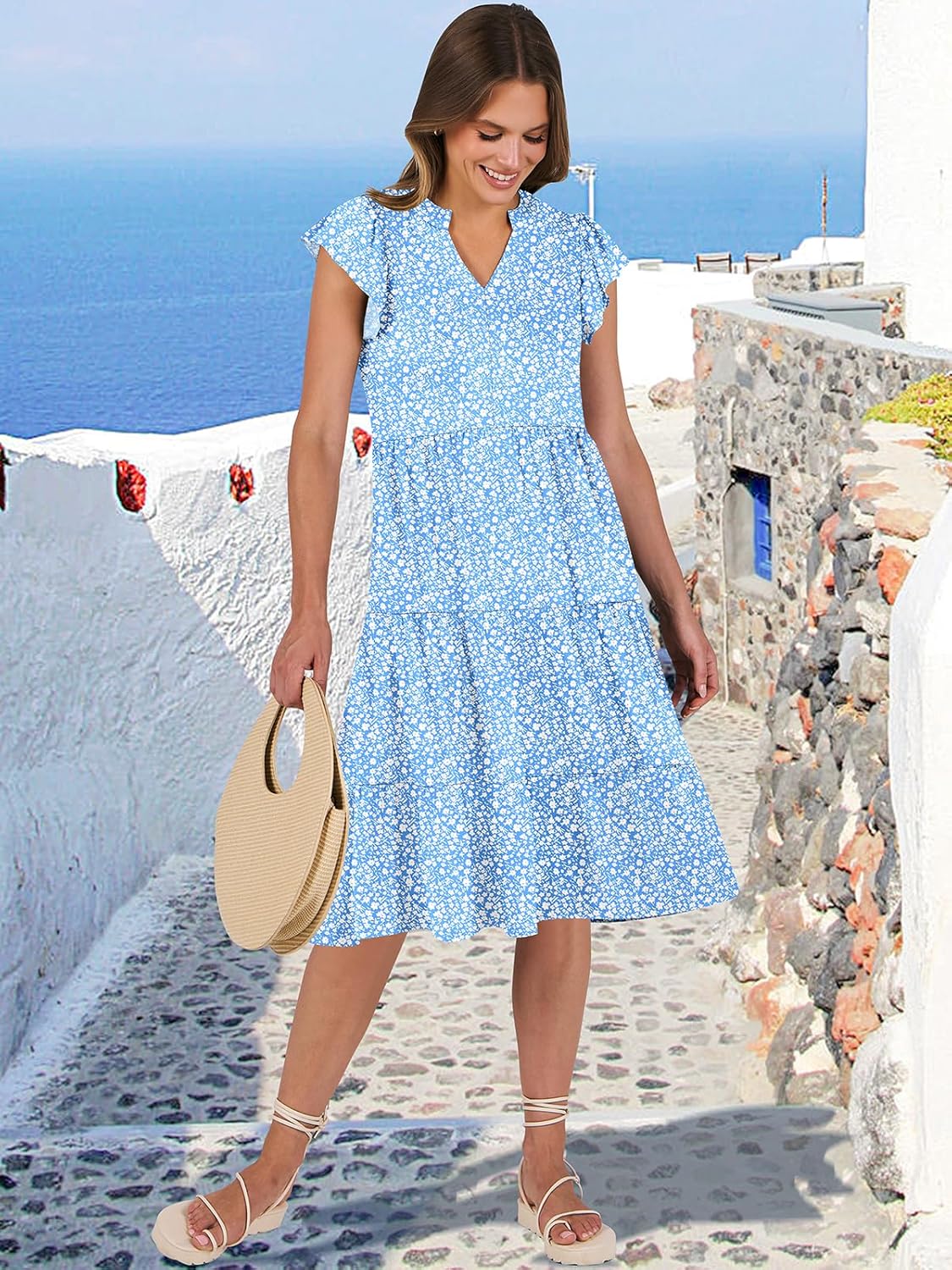 Womens Ruffle Sleeve V Neck Midi Dress Flowy Tiered Boho Beach Vacation Sundress - Picture 158 of 198