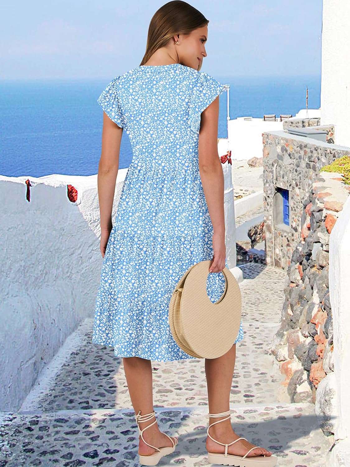 Womens Ruffle Sleeve V Neck Midi Dress Flowy Tiered Boho Beach Vacation Sundress - Picture 159 of 198