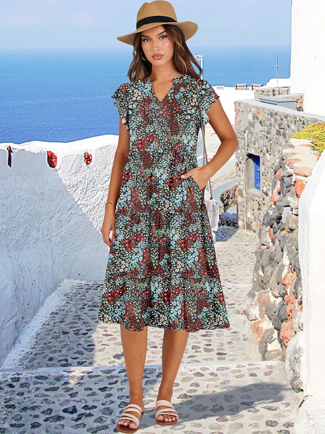 Womens Ruffle Sleeve V Neck Midi Dress Flowy Tiered Boho Beach Vacation Sundress - Picture 162 of 198