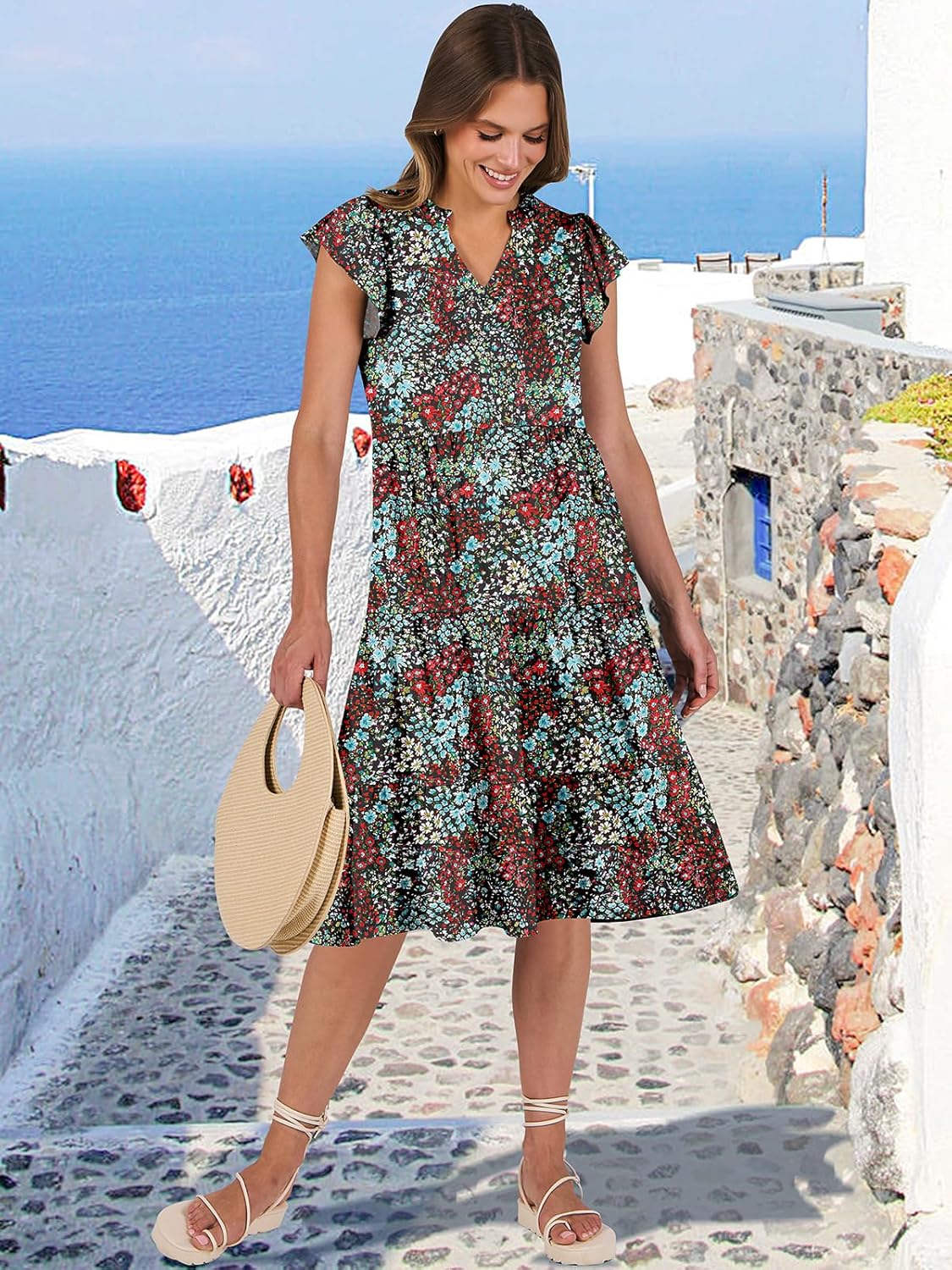 Womens Ruffle Sleeve V Neck Midi Dress Flowy Tiered Boho Beach Vacation Sundress - Picture 164 of 198