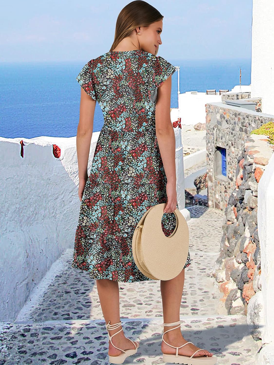 Womens Ruffle Sleeve V Neck Midi Dress Flowy Tiered Boho Beach Vacation Sundress - Picture 165 of 198