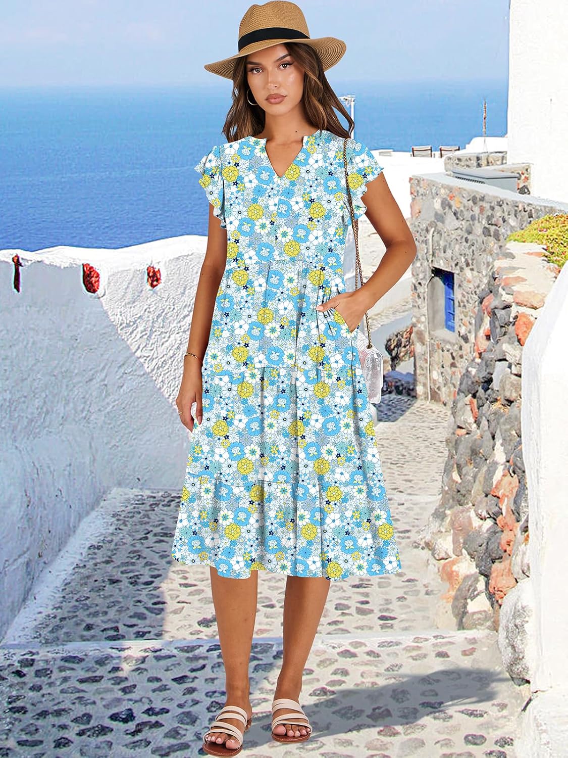 Womens Ruffle Sleeve V Neck Midi Dress Flowy Tiered Boho Beach Vacation Sundress - Picture 168 of 198