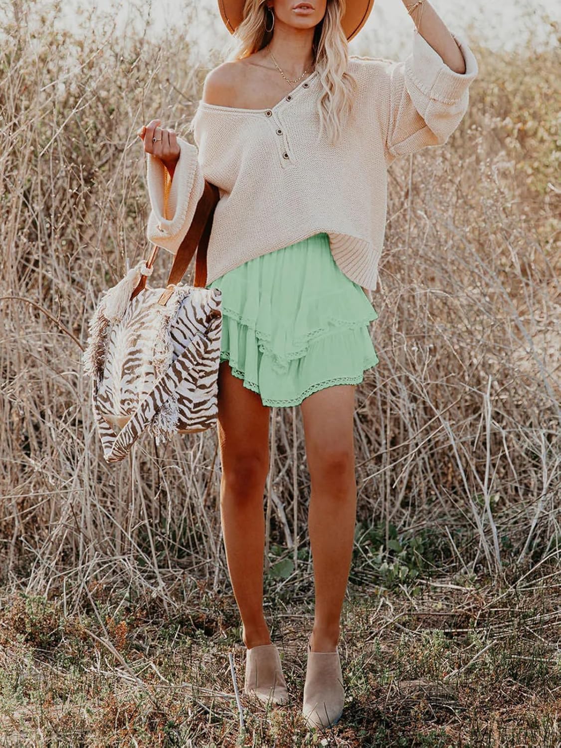Women's Flowy Boho Ruffle Tiered Skorts - High Waist Mini Shorts for Golf Tennis - Picture 65 of 81
