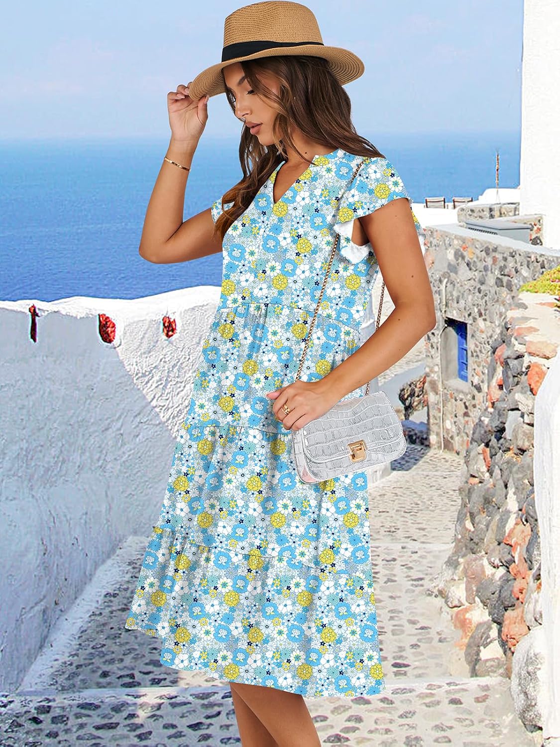 Womens Ruffle Sleeve V Neck Midi Dress Flowy Tiered Boho Beach Vacation Sundress - Picture 169 of 198