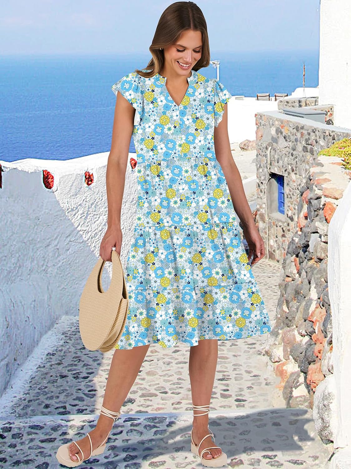 Womens Ruffle Sleeve V Neck Midi Dress Flowy Tiered Boho Beach Vacation Sundress - Picture 170 of 198