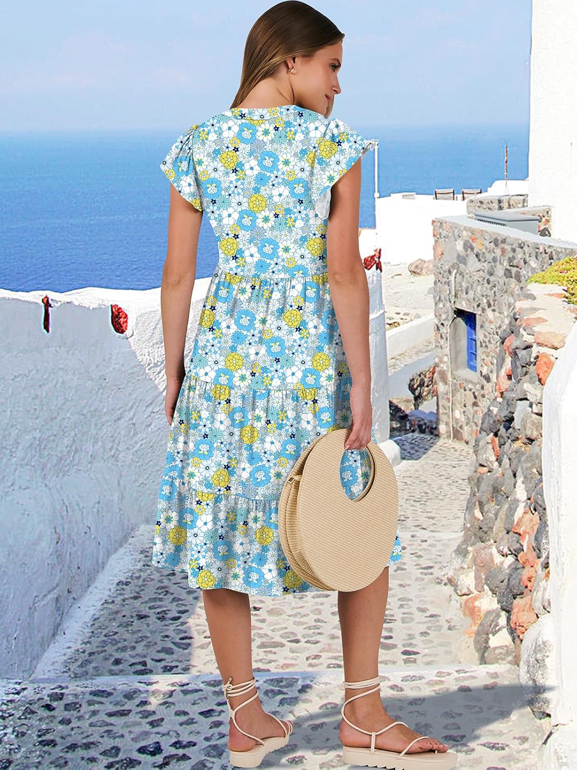 Womens Ruffle Sleeve V Neck Midi Dress Flowy Tiered Boho Beach Vacation Sundress - Picture 171 of 198