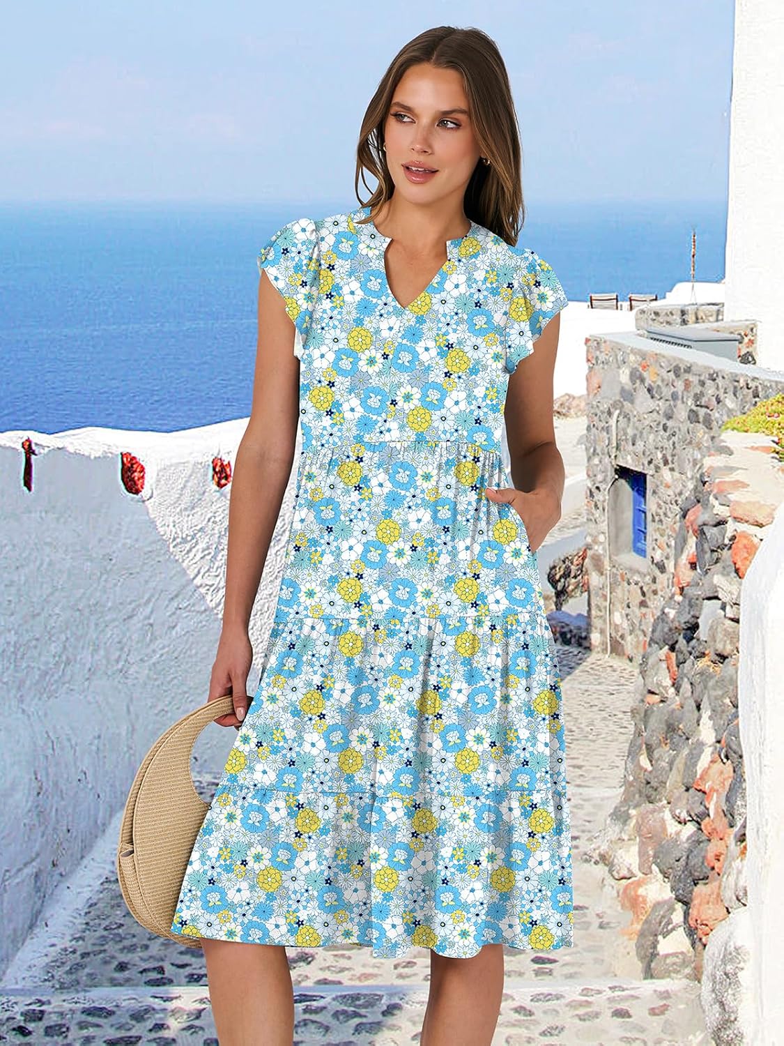 Womens Ruffle Sleeve V Neck Midi Dress Flowy Tiered Boho Beach Vacation Sundress - Picture 172 of 198