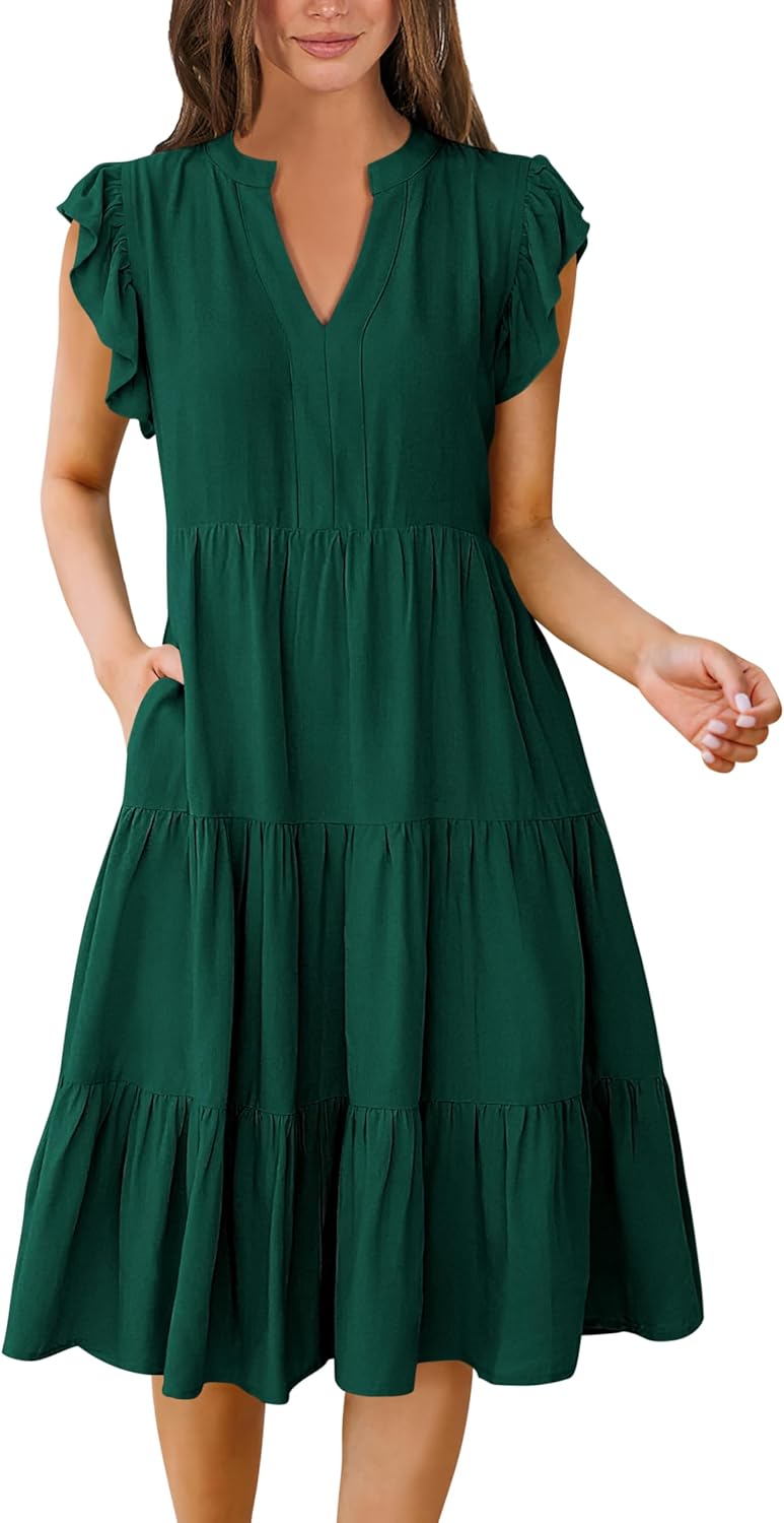 Womens Ruffle Sleeve V Neck Midi Dress Flowy Tiered Boho Beach Vacation Sundress - Picture 173 of 198