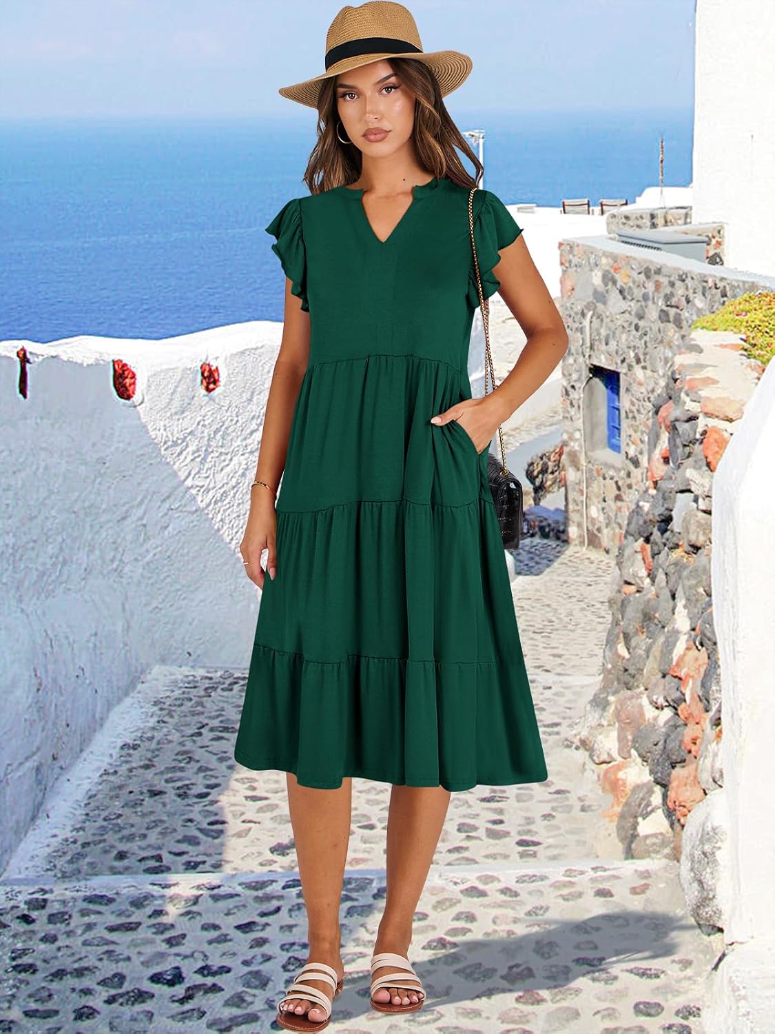 Womens Ruffle Sleeve V Neck Midi Dress Flowy Tiered Boho Beach Vacation Sundress - Picture 174 of 198