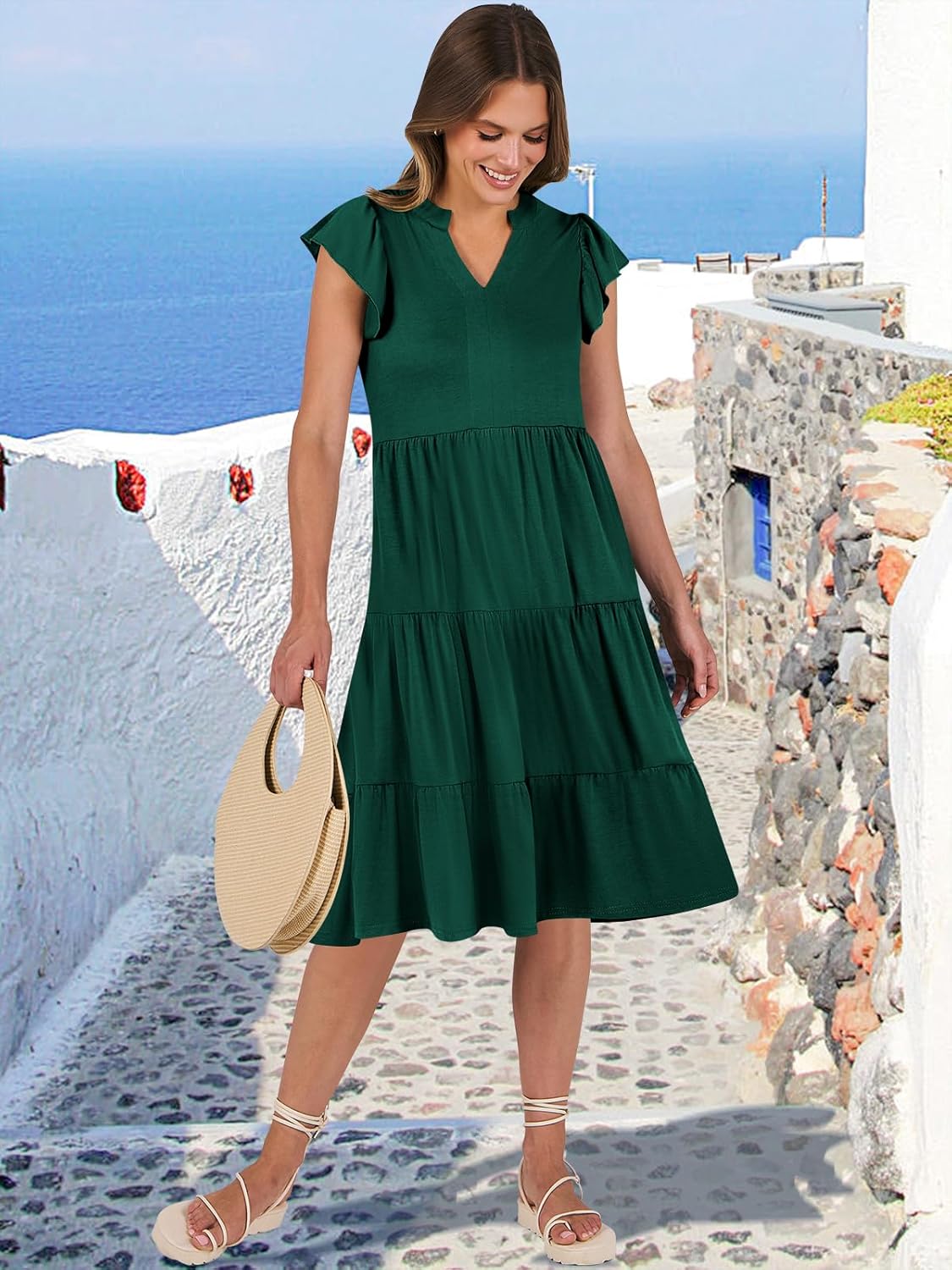 Womens Ruffle Sleeve V Neck Midi Dress Flowy Tiered Boho Beach Vacation Sundress - Picture 176 of 198