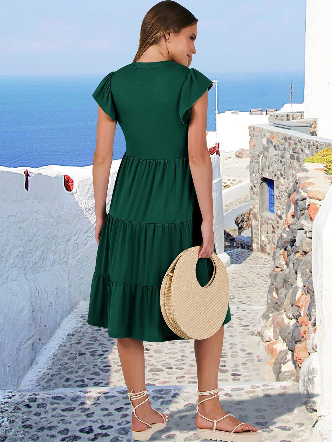 Womens Ruffle Sleeve V Neck Midi Dress Flowy Tiered Boho Beach Vacation Sundress - Picture 177 of 198