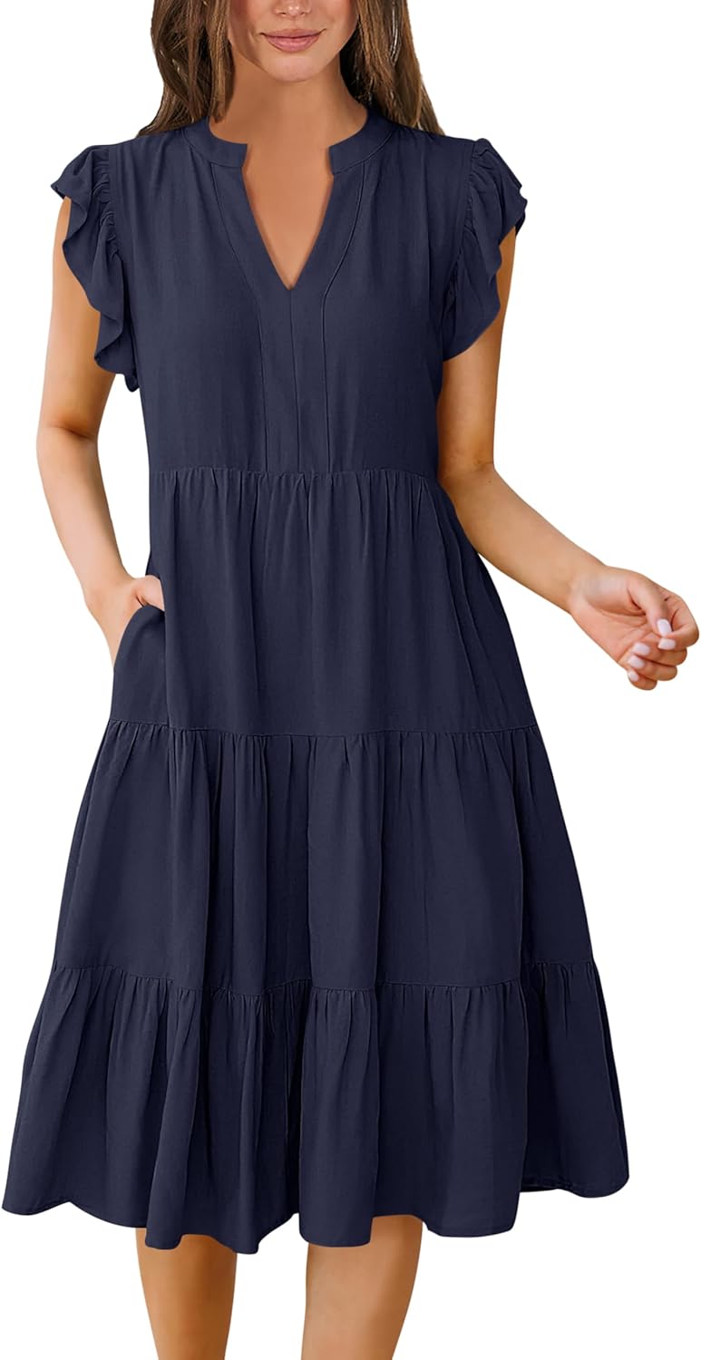 Womens Ruffle Sleeve V Neck Midi Dress Flowy Tiered Boho Beach Vacation Sundress - Picture 179 of 198