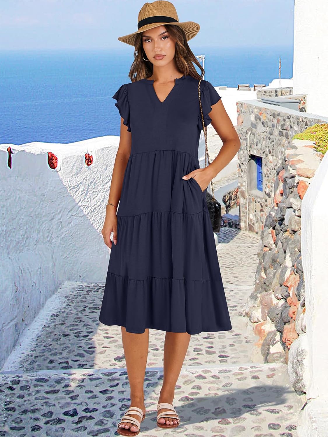 Womens Ruffle Sleeve V Neck Midi Dress Flowy Tiered Boho Beach Vacation Sundress - Picture 180 of 198