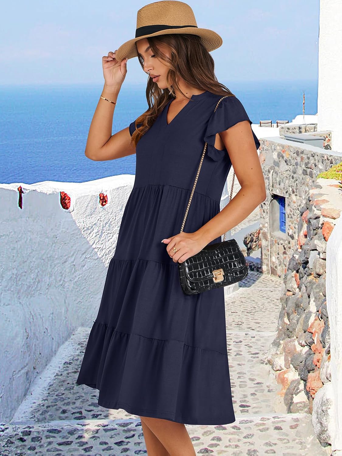 Womens Ruffle Sleeve V Neck Midi Dress Flowy Tiered Boho Beach Vacation Sundress - Picture 181 of 198