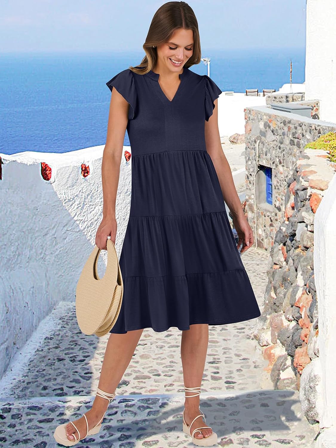 Womens Ruffle Sleeve V Neck Midi Dress Flowy Tiered Boho Beach Vacation Sundress - Picture 182 of 198