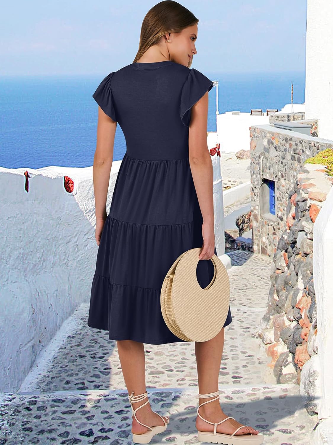 Womens Ruffle Sleeve V Neck Midi Dress Flowy Tiered Boho Beach Vacation Sundress - Picture 183 of 198