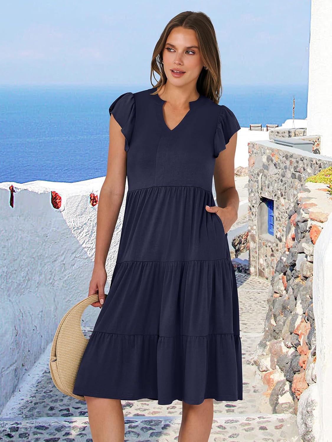 Womens Ruffle Sleeve V Neck Midi Dress Flowy Tiered Boho Beach Vacation Sundress - Picture 184 of 198