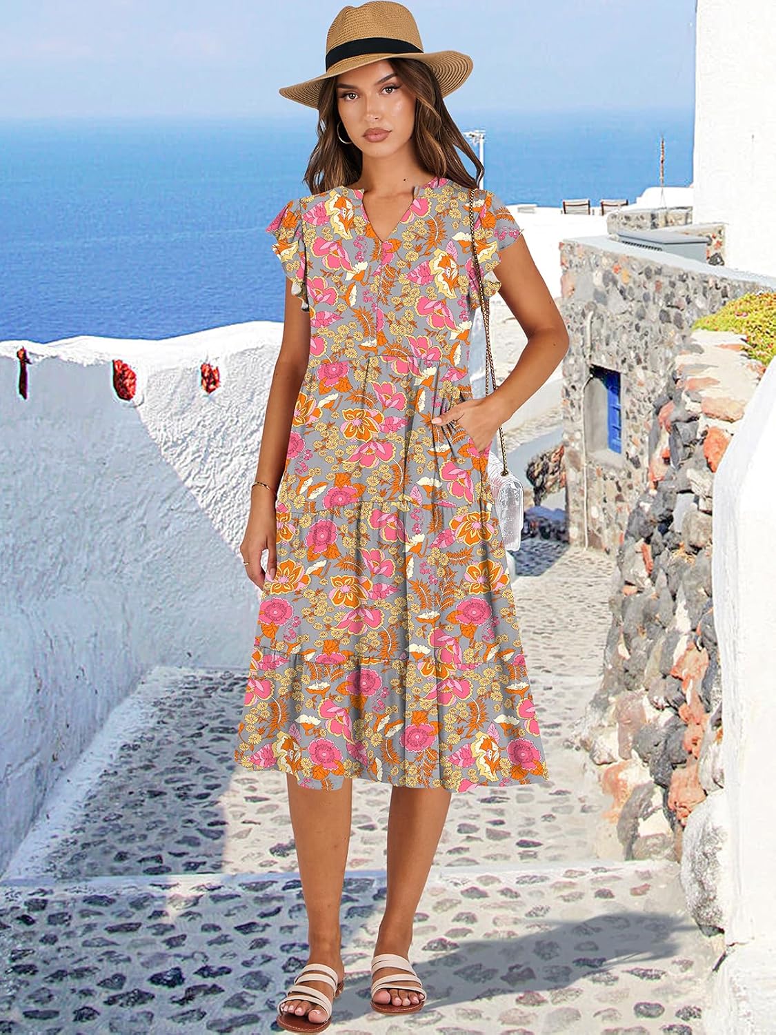 Womens Ruffle Sleeve V Neck Midi Dress Flowy Tiered Boho Beach Vacation Sundress - Picture 186 of 198