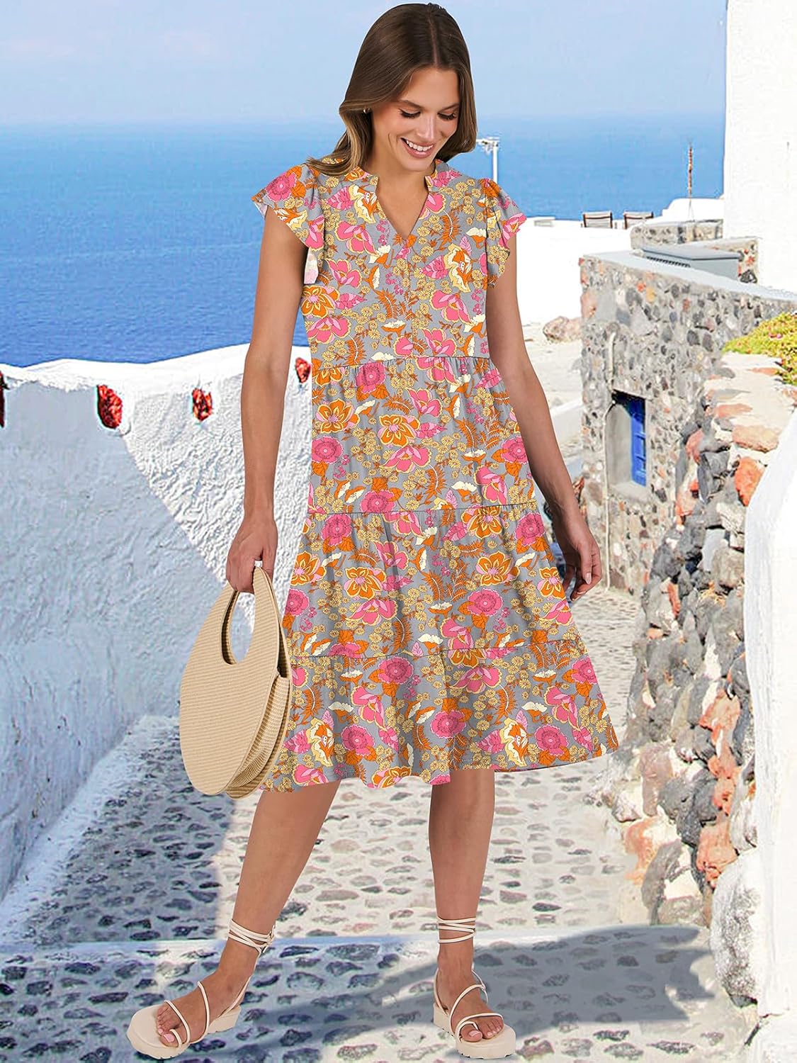 Womens Ruffle Sleeve V Neck Midi Dress Flowy Tiered Boho Beach Vacation Sundress - Picture 188 of 198