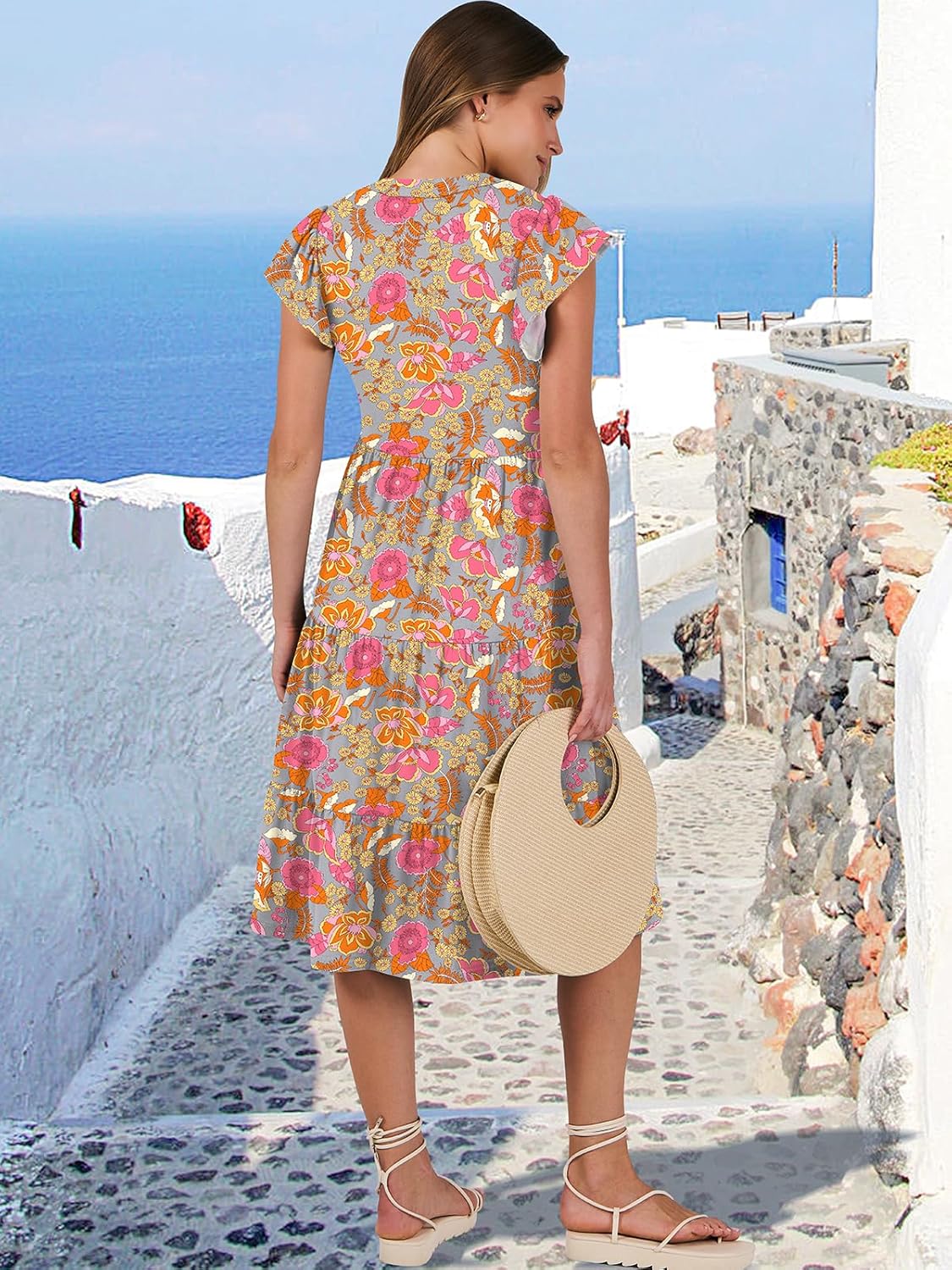 Womens Ruffle Sleeve V Neck Midi Dress Flowy Tiered Boho Beach Vacation Sundress - Picture 189 of 198