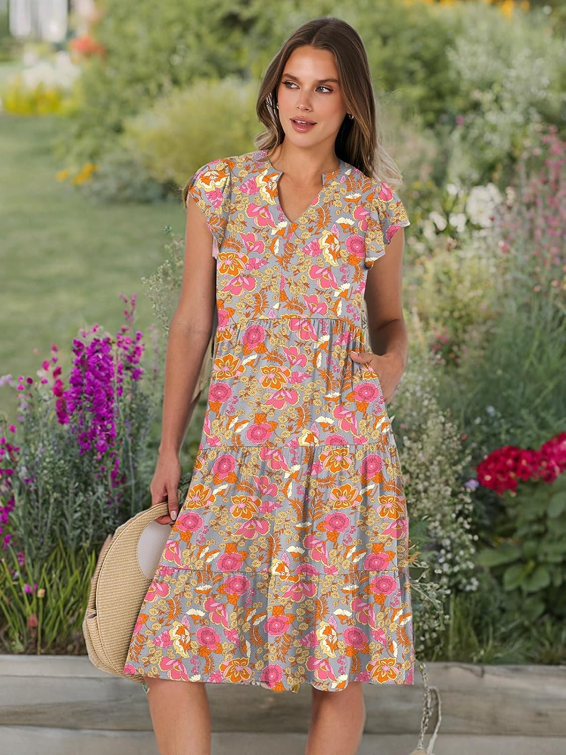 Womens Ruffle Sleeve V Neck Midi Dress Flowy Tiered Boho Beach Vacation Sundress - Picture 191 of 198