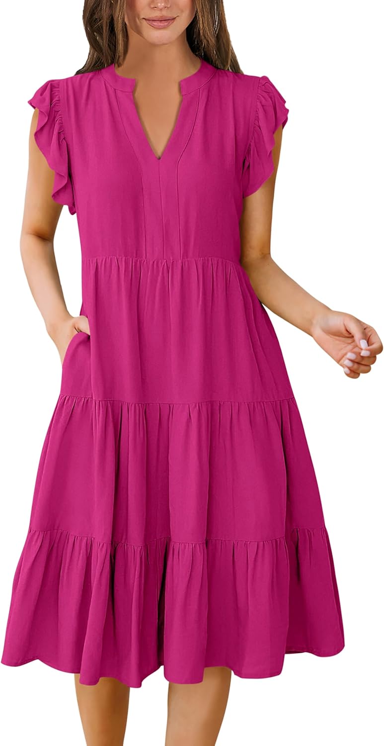 Womens Ruffle Sleeve V Neck Midi Dress Flowy Tiered Boho Beach Vacation Sundress - Picture 192 of 198