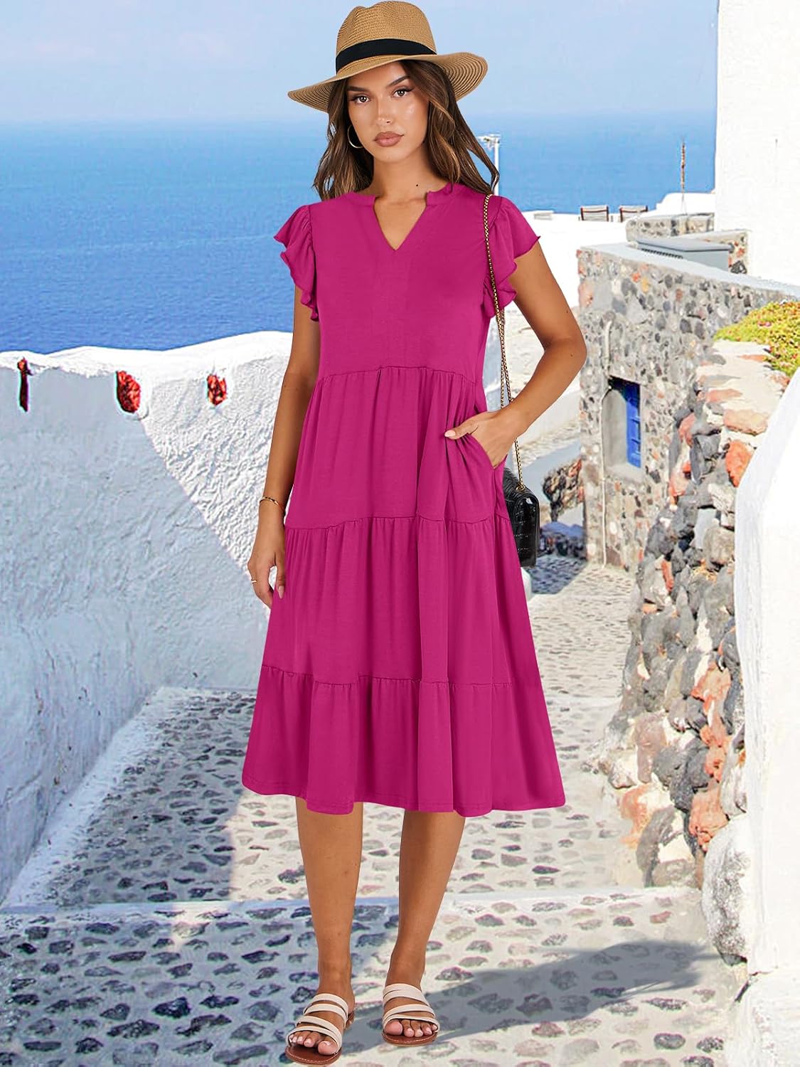 Womens Ruffle Sleeve V Neck Midi Dress Flowy Tiered Boho Beach Vacation Sundress - Picture 193 of 198