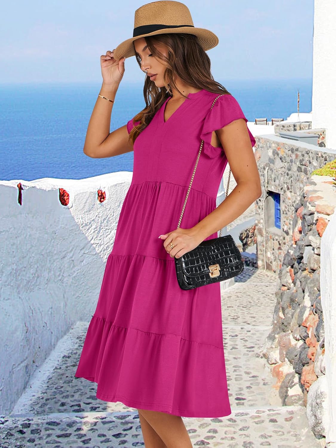 Womens Ruffle Sleeve V Neck Midi Dress Flowy Tiered Boho Beach Vacation Sundress - Picture 194 of 198