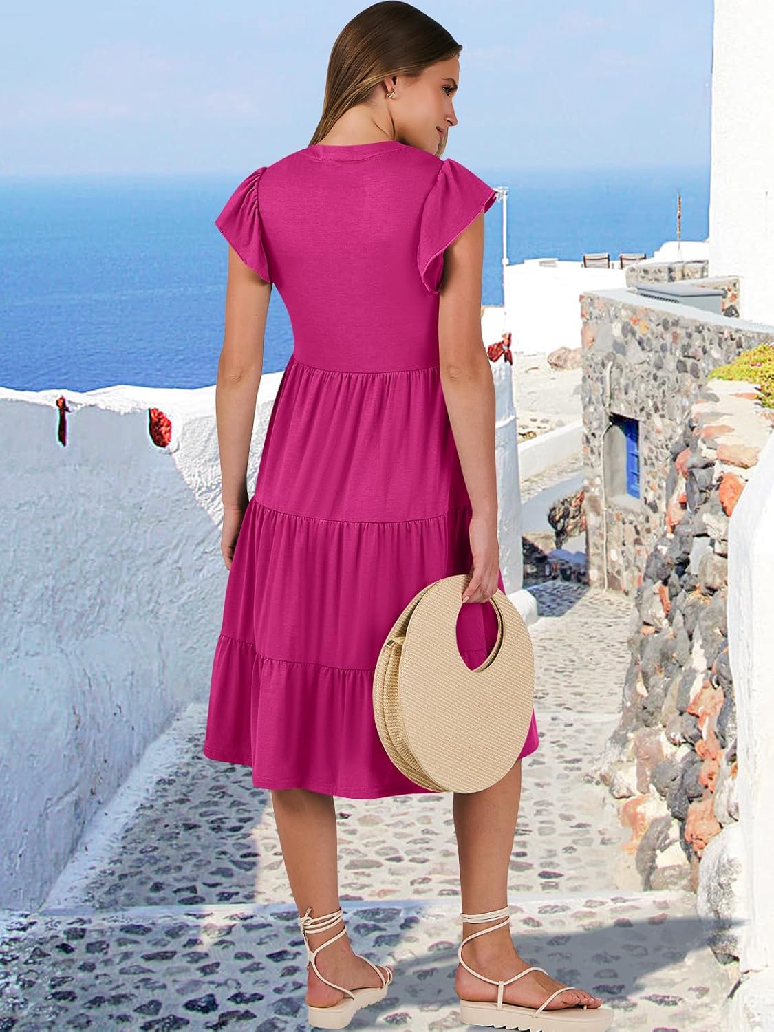 Womens Ruffle Sleeve V Neck Midi Dress Flowy Tiered Boho Beach Vacation Sundress - Picture 196 of 198