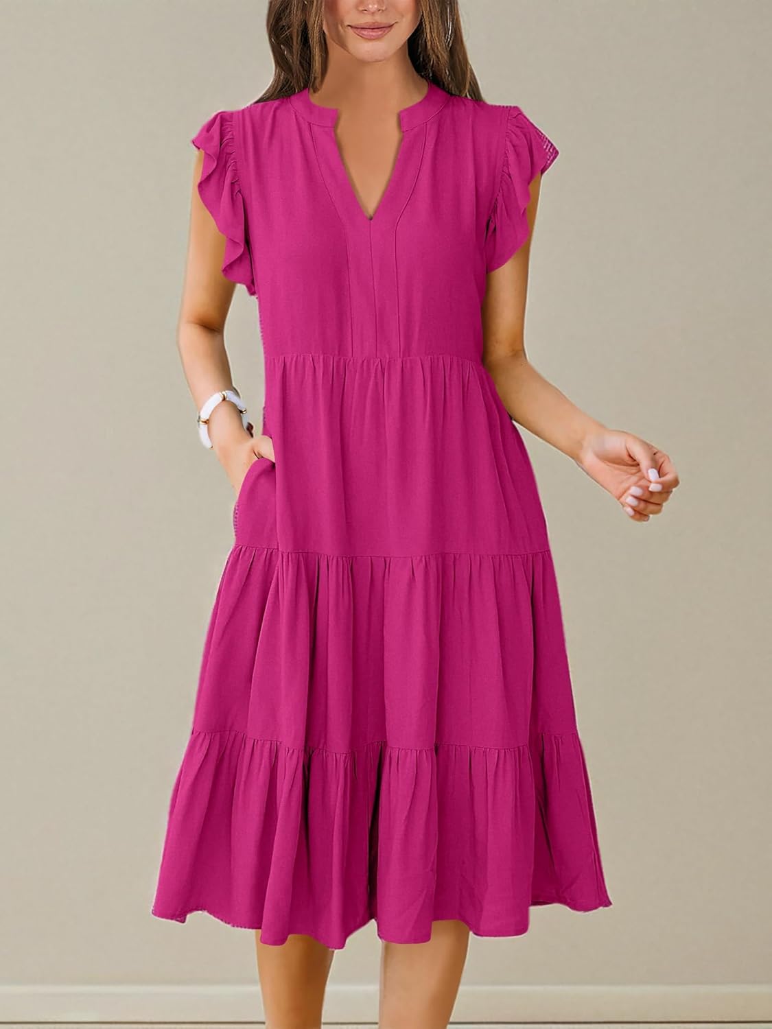 Womens Ruffle Sleeve V Neck Midi Dress Flowy Tiered Boho Beach Vacation Sundress - Picture 198 of 198