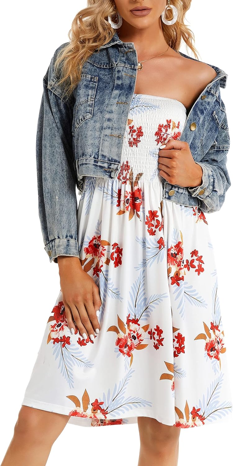 Summer Dresses for Women Beach Cover Ups Strapless Boho Floral Print Sundress - Picture 187 of 248