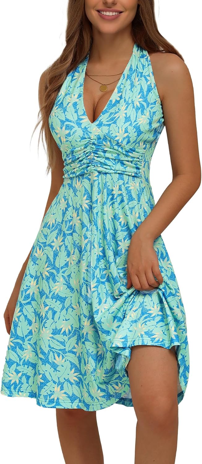 Women's Sleeveless Halter Neck Sundress Floral Mini Dress with Pocket Ruffle - Picture 72 of 166