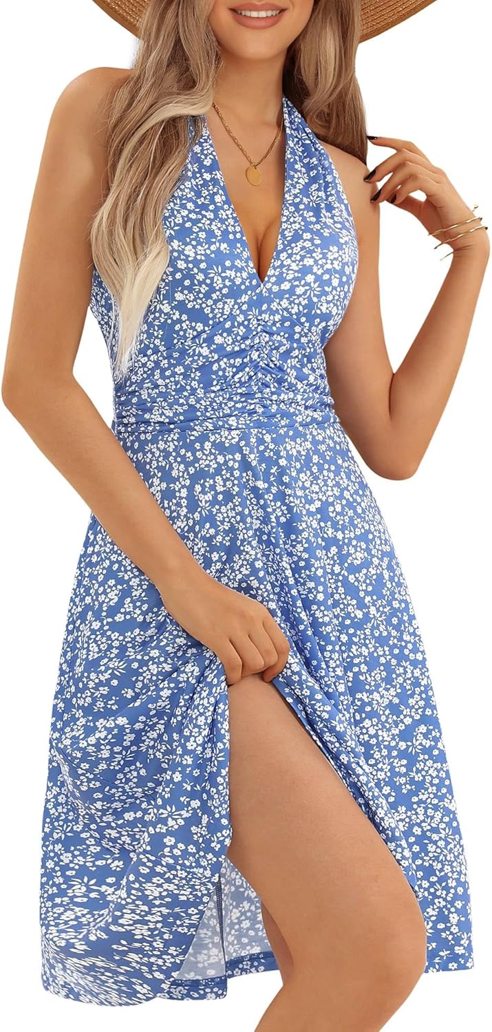 Women's Sleeveless Halter Neck Sundress Floral Mini Dress with Pocket Ruffle - Picture 79 of 166
