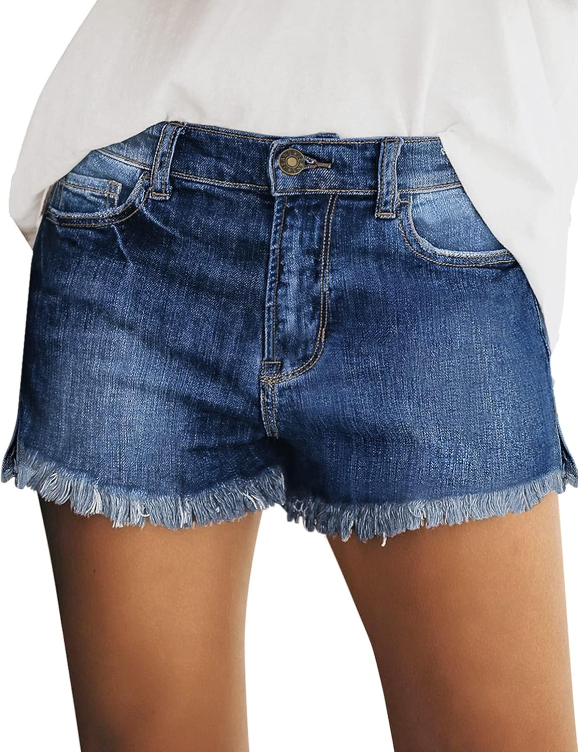 Women's Casual Mid Rise Denim Shorts Stretch Ripped Raw Hem Jean Shorts - Picture 89 of 142