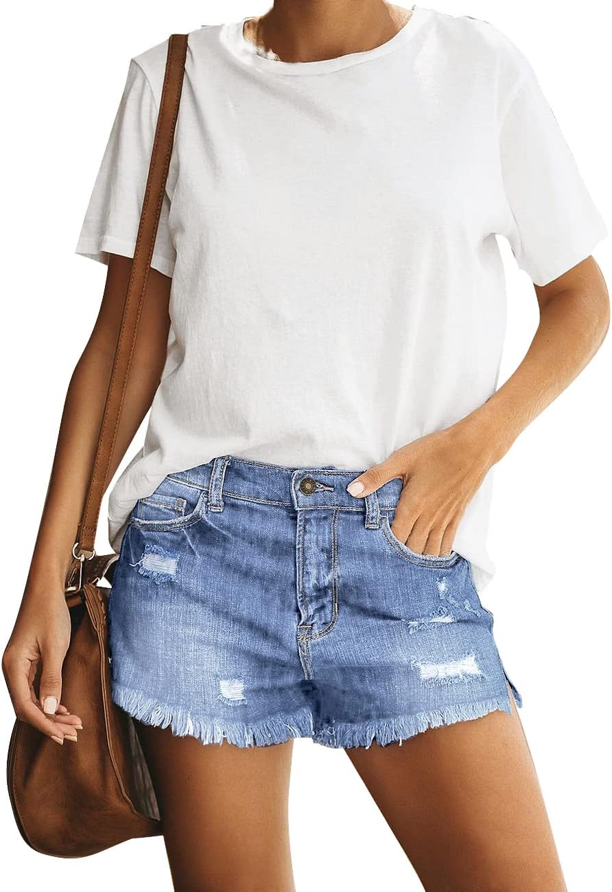 Women's Casual Mid Rise Denim Shorts Stretch Ripped Raw Hem Jean Shorts - Picture 97 of 142