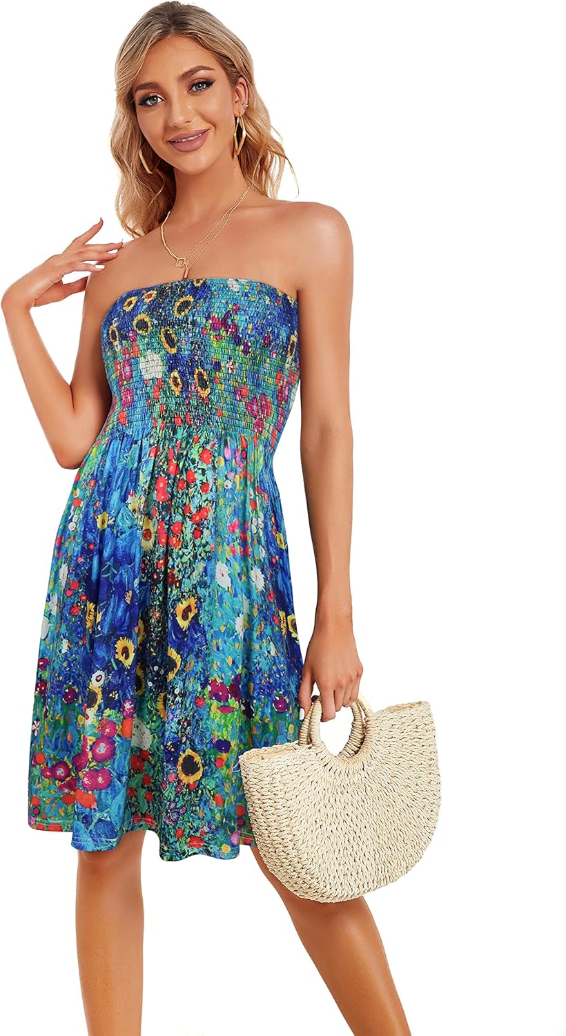 Summer Dresses for Women Beach Cover Ups Strapless Boho Floral Print Sundress - Picture 216 of 248