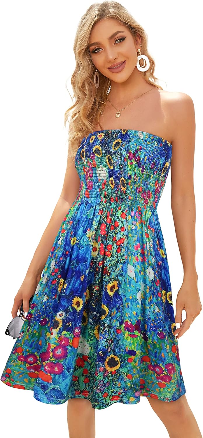Summer Dresses for Women Beach Cover Ups Strapless Boho Floral Print Sundress - Picture 217 of 248